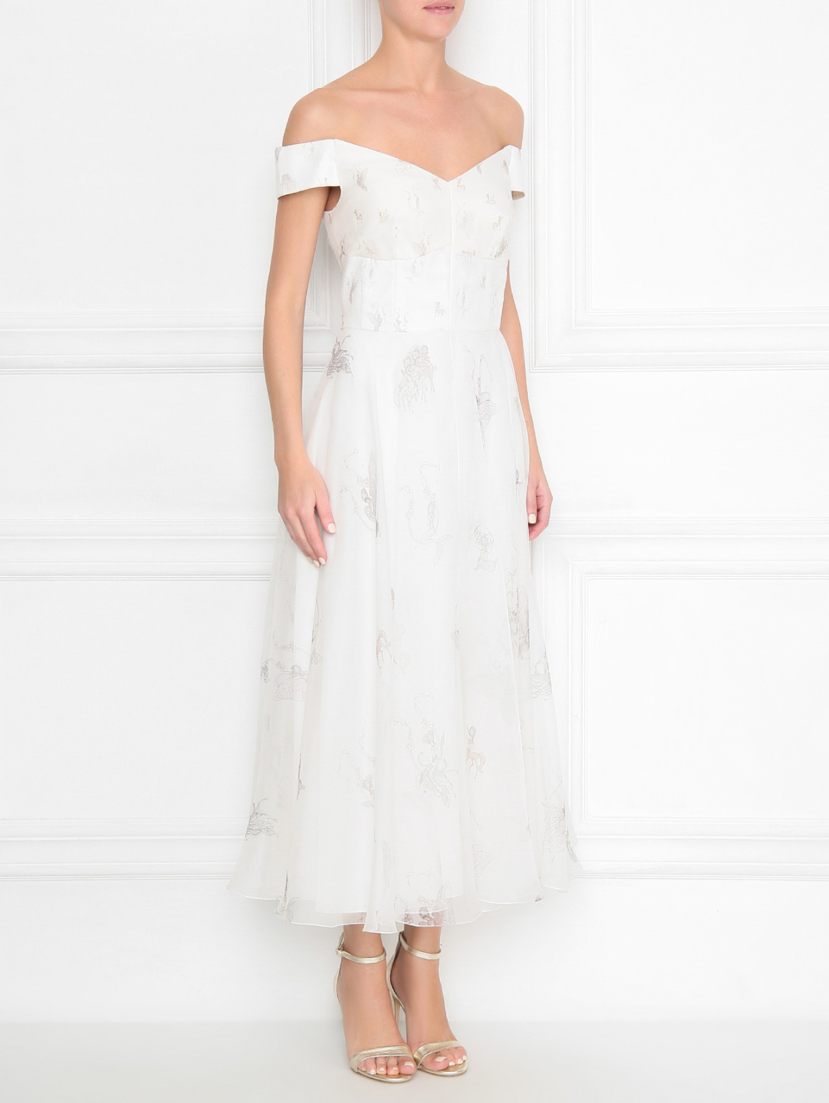 Платье-миди из шелка с узором Руж  –  МодельВерхНиз  – Цвет:  Белый