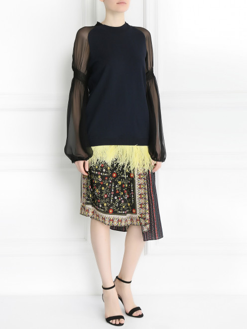 Блуза из хлопка с шелковыми рукавами и перьями страуса N21 - Модель Общий вид