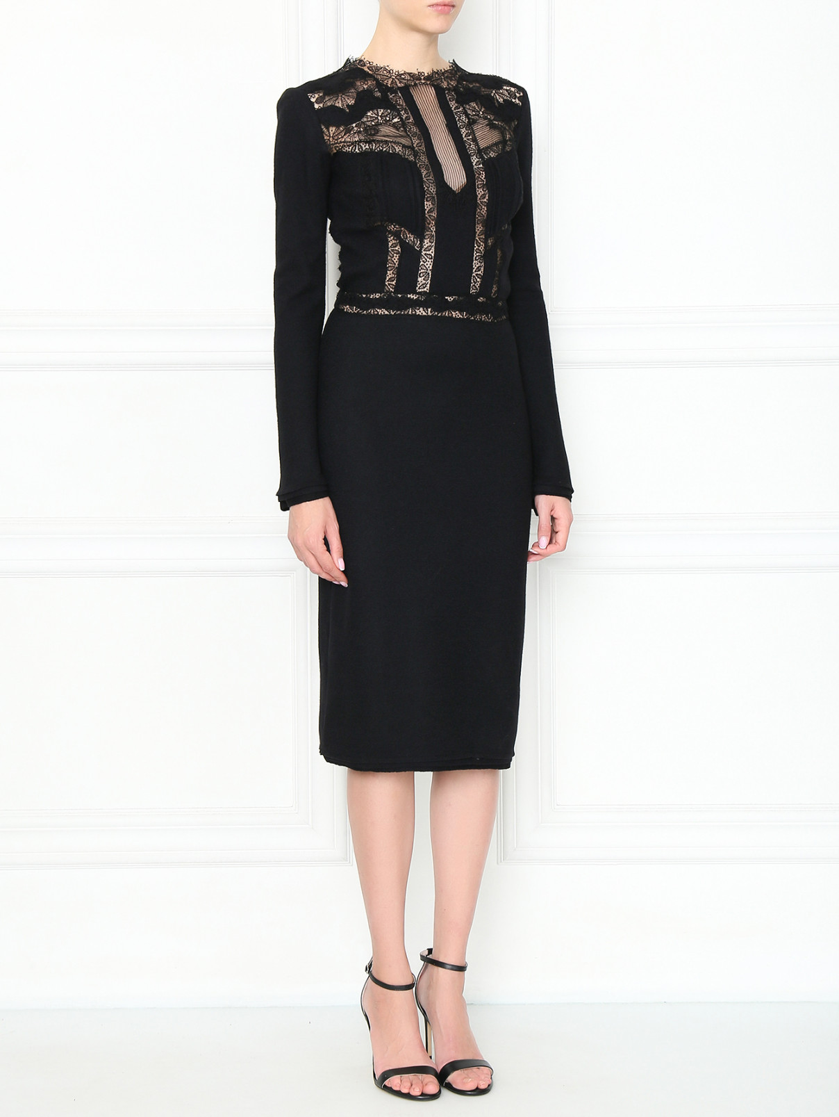 Платье из шерсти и шелка с кружевной отделкой Ermanno Scervino  –  МодельВерхНиз  – Цвет:  Черный