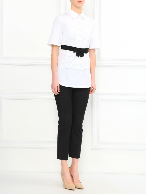 Блуза из хлопка с кружевной вставкой и контрастным поясом Pianoforte - Модель Общий вид
