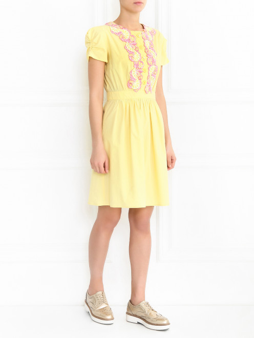 Платье из хлопка с рукавами фонариками и аппликацией на груди Moschino Boutique - МодельОбщийВид