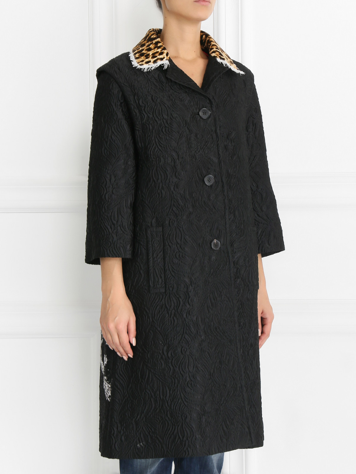 Пальто из фактурной ткани с принтом на спине Maison Margiela  –  Модель Верх-Низ  – Цвет:  Черный