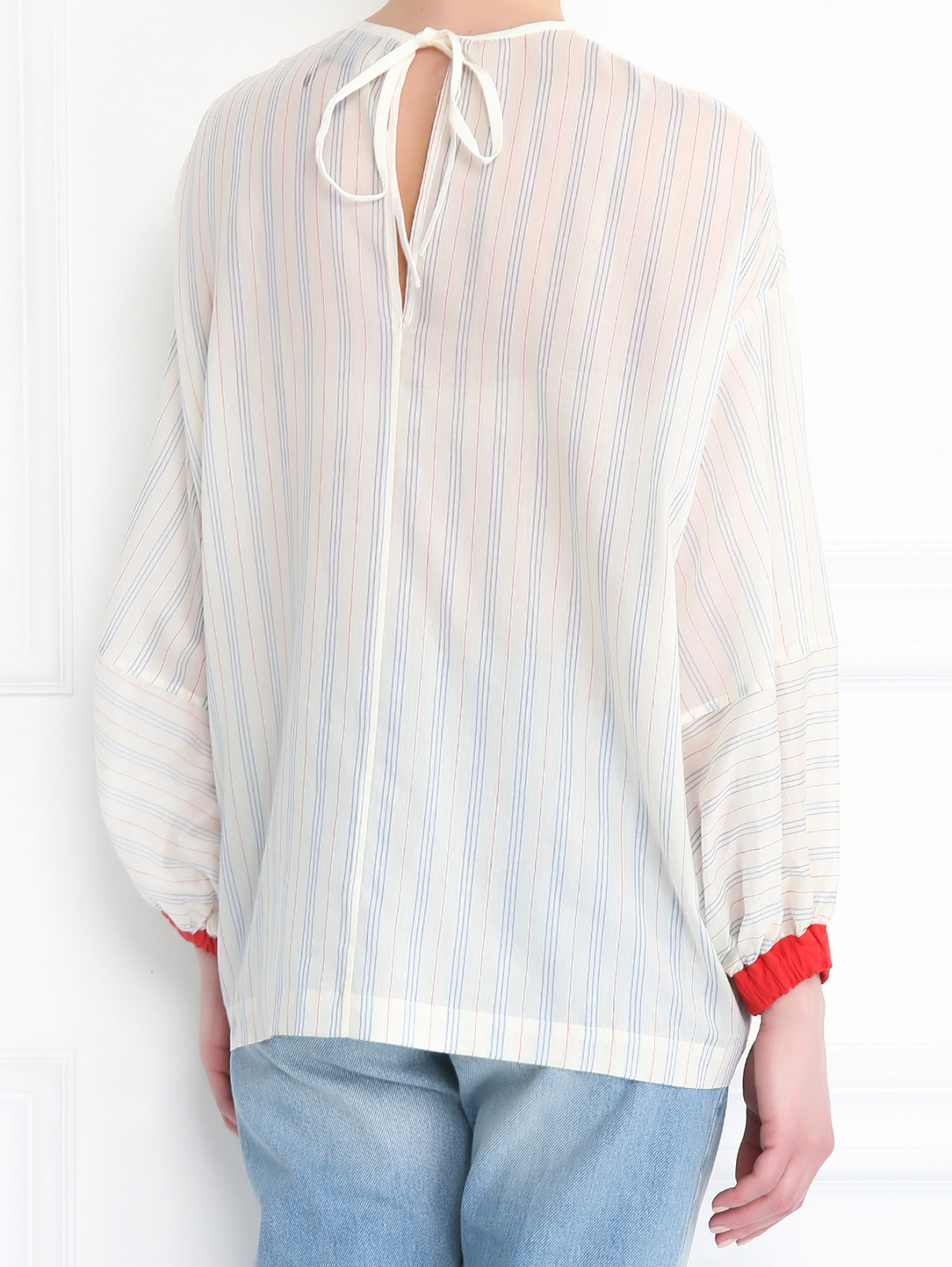 Блуза из хлопка и шелка с узором "полоска" и контрастной отделкой Alysi  –  МодельВерхНиз1  – Цвет:  Узор