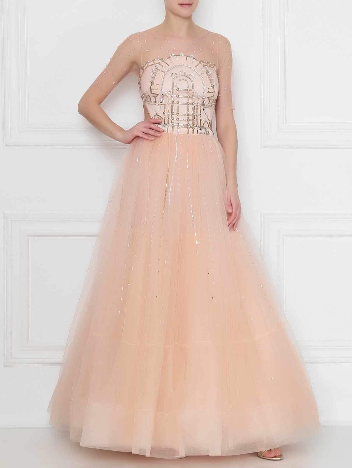 Платье из сетки с вышивкой стеклярусом Temperley London  –  МодельОбщийВид  – Цвет:  Розовый